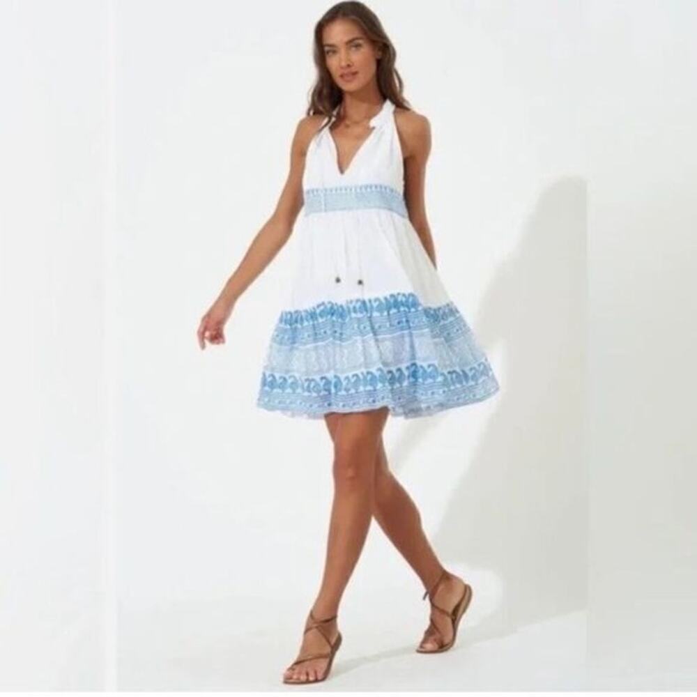 NWT Oliphant Size XXS Short Sleeveless Tiered Dress Santorini Blue Vacation